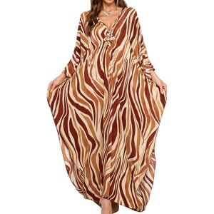 Women's Light Brown Zebra Floral V-Neck Batwing Sleeves Summer Kaftan Dress